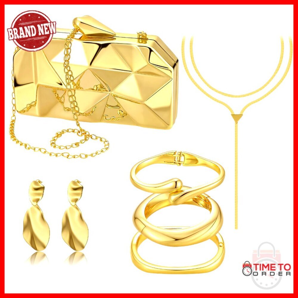 Gold Acrylic Clutch Purse Jewelry Set with Bracelet Necklace Earrings - Picture 1 of 7